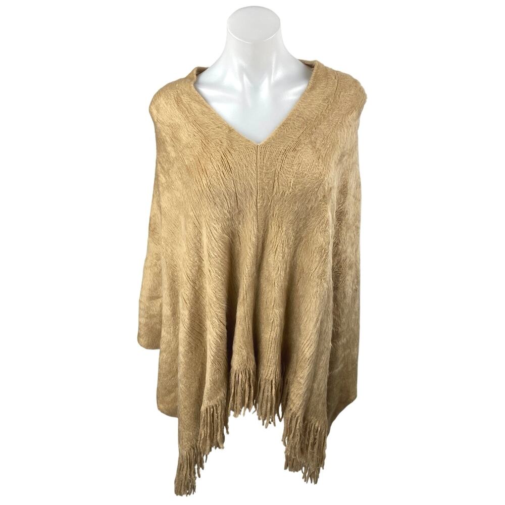 Molly Bracken Tan Faux Fur Fleece V Neck Poncho Shrug Sweater Top One Size